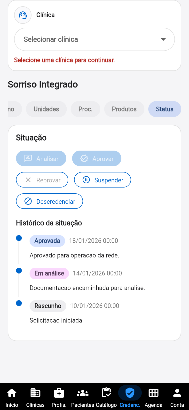 Tela de credenciamento do app Clinext