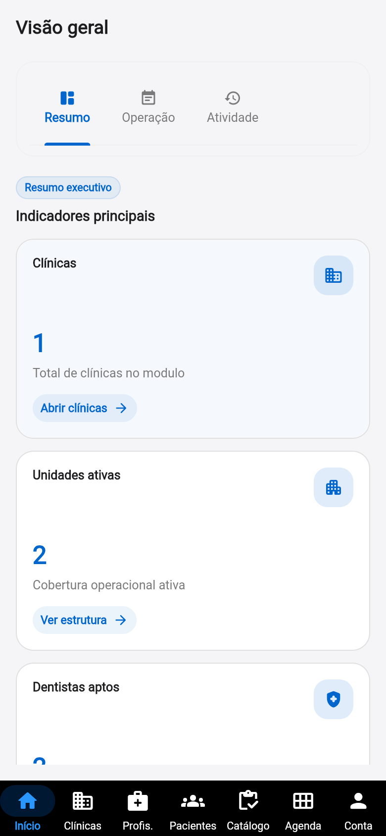 Tela de resumo do app Clinext